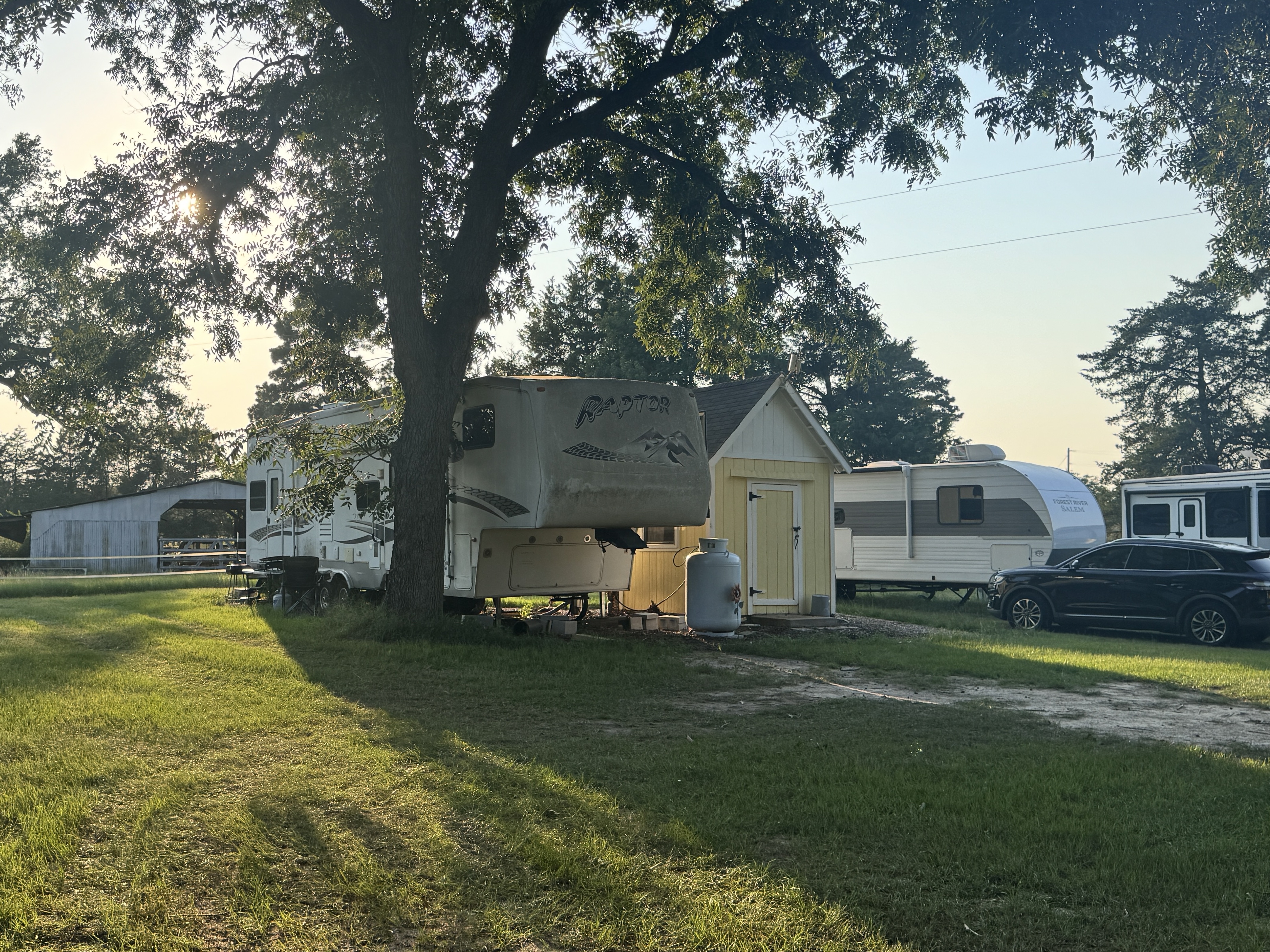 Alternate angle of the Raptor rental RV exterior at Ancient Oak Resort